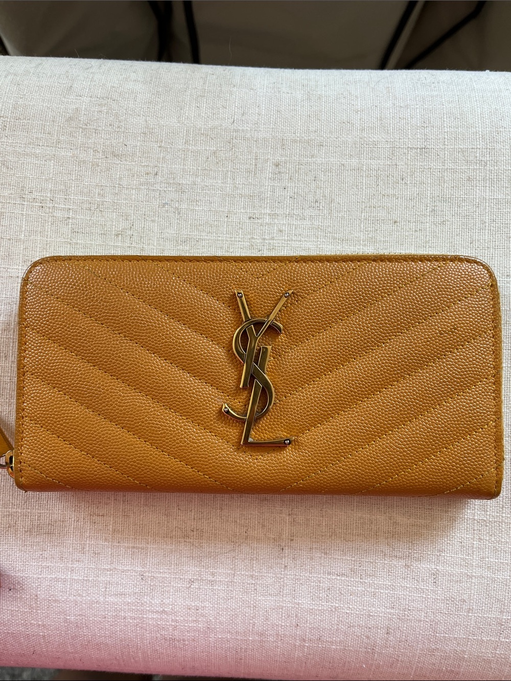 Saint Laurent Quilted Zip Wallet in Mustard Yellow with Gold YSL Logo - Picture 3 of 10